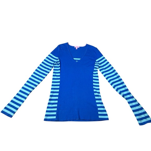 Lilly Pulitzer Adelaide Striped/Solid Royal Aqua Blue V-Neck Sweater Medium - Picture 1 of 3